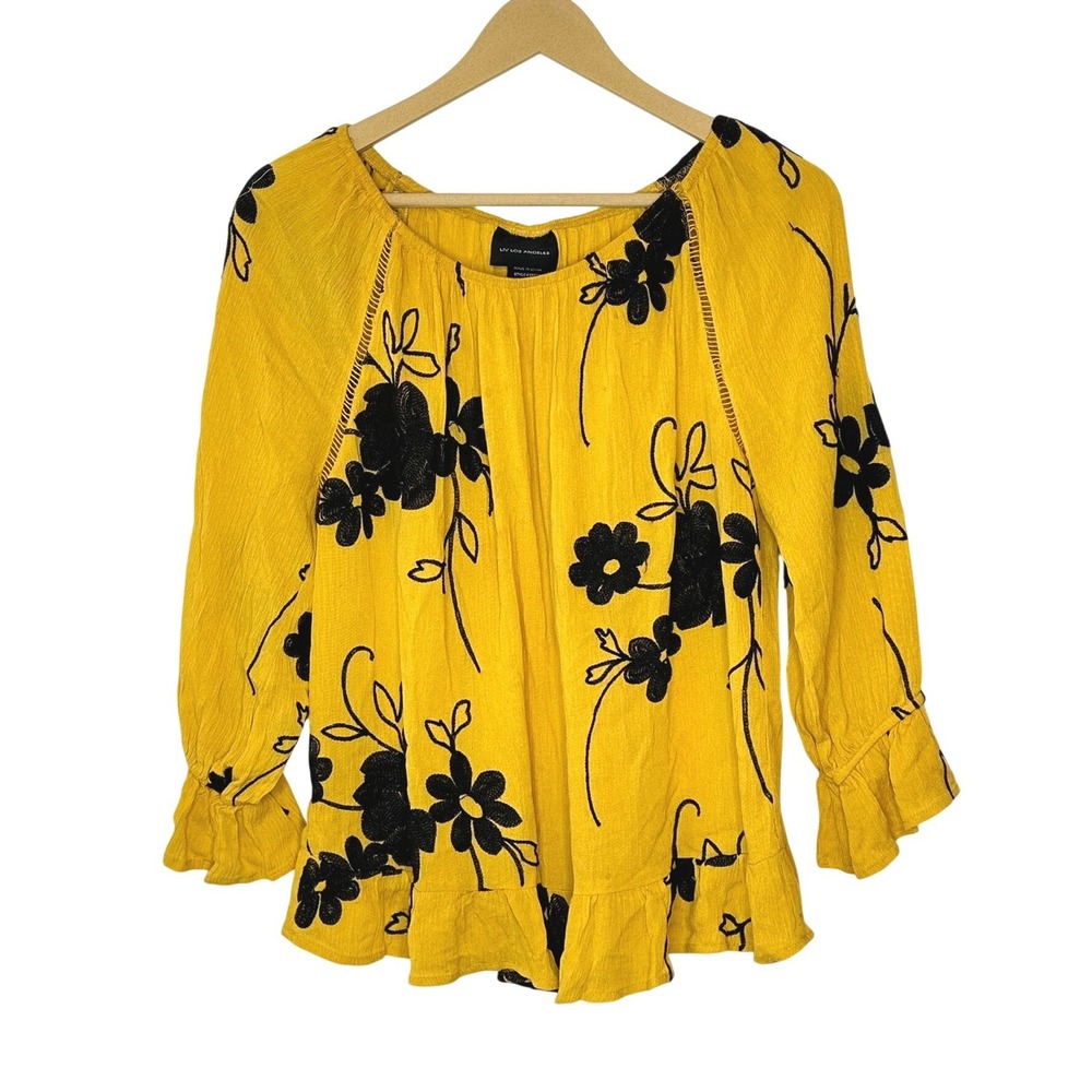 Liv Los Angeles‎ Yellow Floral Embroidered Peplum Blouse Small SB500
